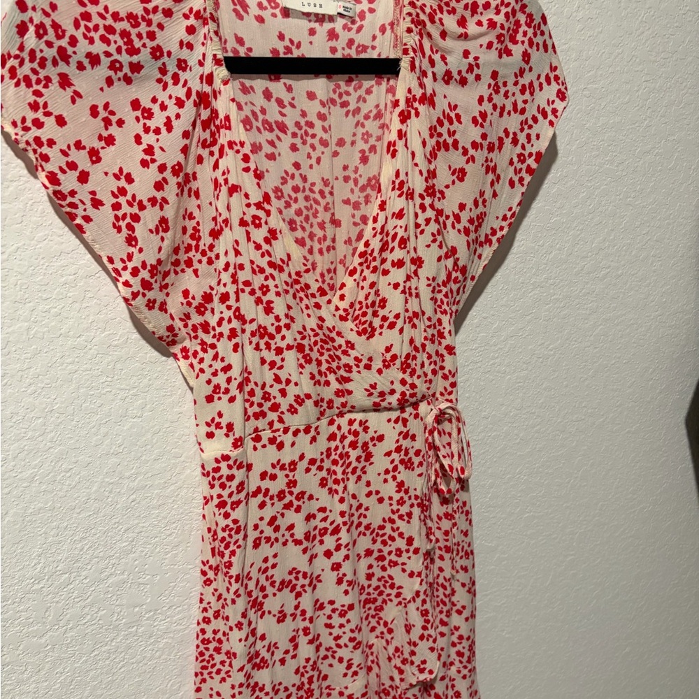 Lush Cream Midi Wrap Dress with Red Floral Print